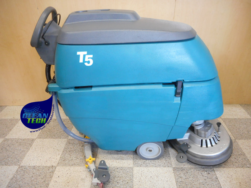 Side view of the reconditioned Tennant T5 28-inch walk-behind floor scrubber