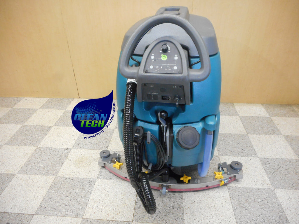 Tennant T5 cylindrical scrubber side view showing compact walk-behind design