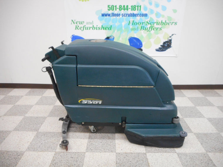 Right side view of a nobles tennant 3301 battery powered floor scrubber.  Used refurbished floor scrubber